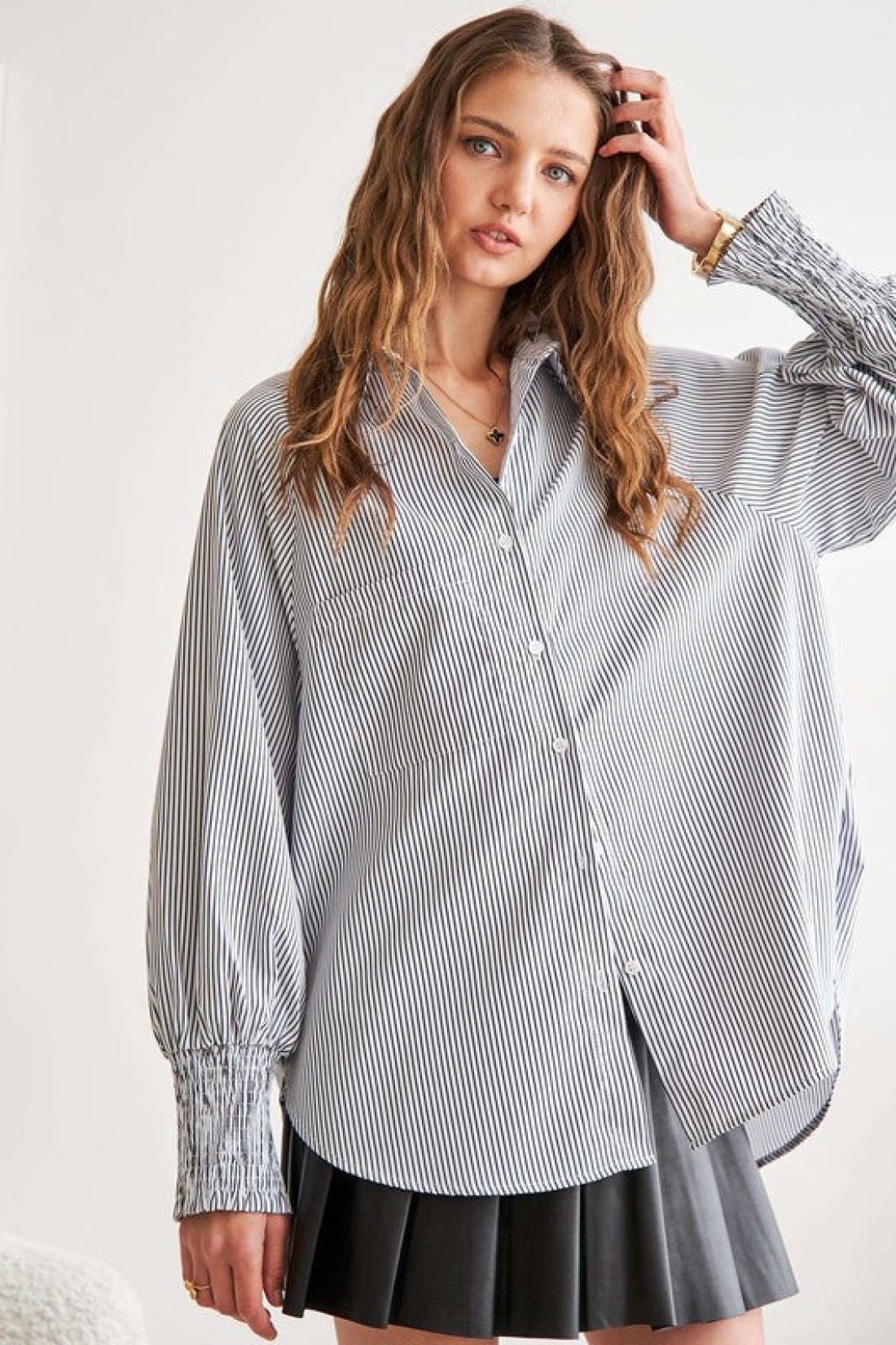 ADORA High Low Striped Button Down Smocked Lantern Sleeve Shirt