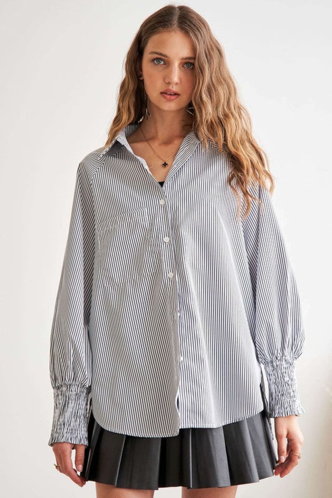ADORA High Low Striped Button Down Smocked Lantern Sleeve Shirt