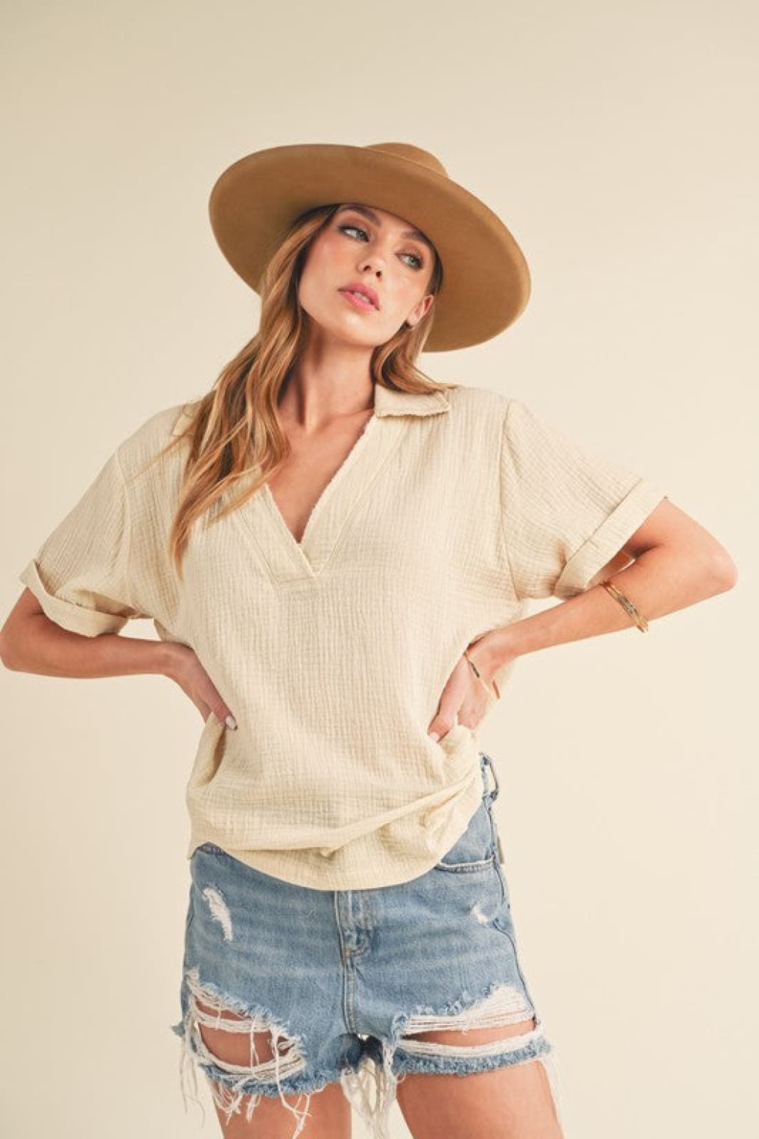 Aemi + Co Side Slit Johnny Collar Short Sleeve Cotton Gauze Blouse