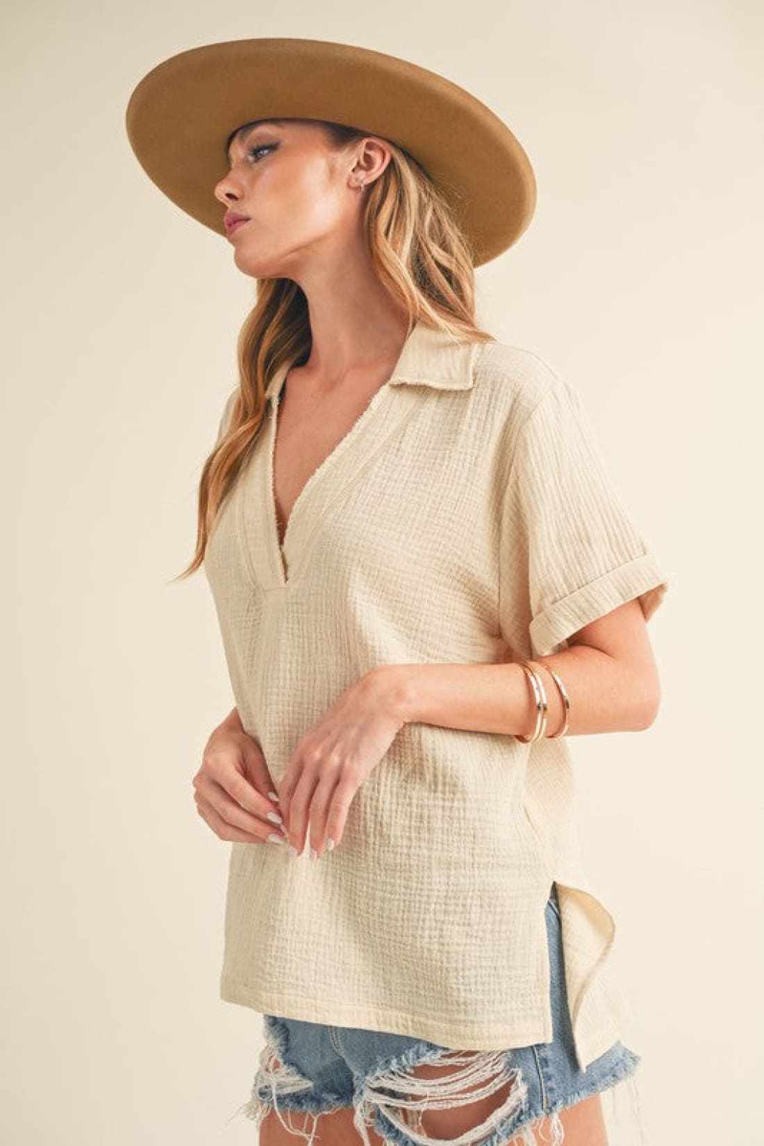 Aemi + Co Side Slit Johnny Collar Short Sleeve Cotton Gauze Blouse
