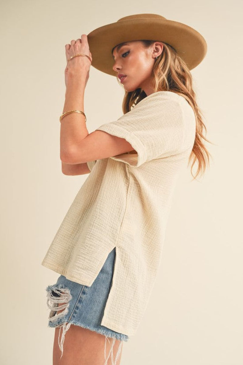Aemi + Co Side Slit Johnny Collar Short Sleeve Cotton Gauze Blouse