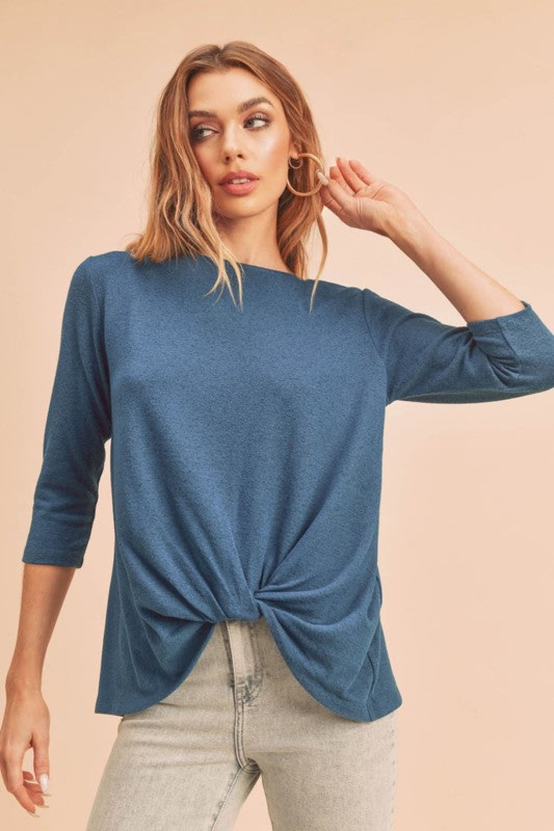 Aemi + Co Twist Front Round Neck 3/4 Sleeve T Shirt