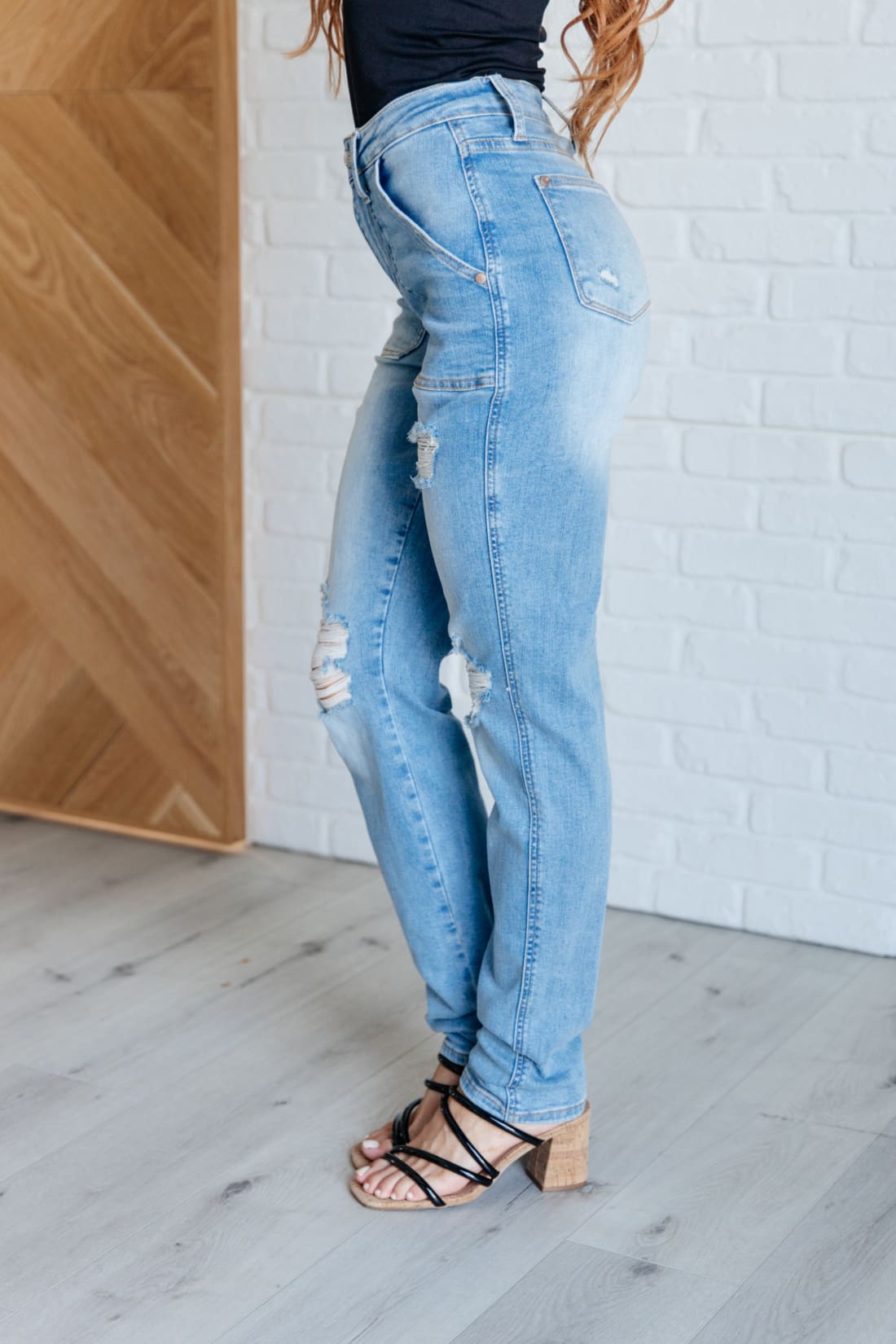 Aiden High Rise Patch Pocket Distressed Boyfriend Jeans | Womens jeans