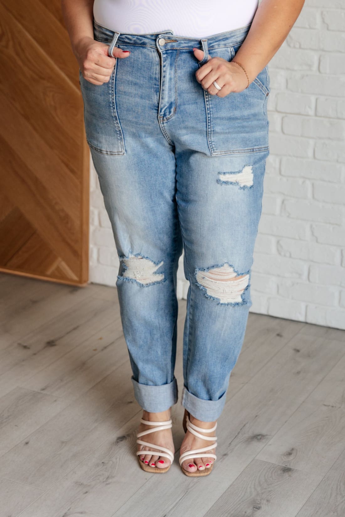 Aiden High Rise Patch Pocket Distressed Boyfriend Jeans | Womens jeans