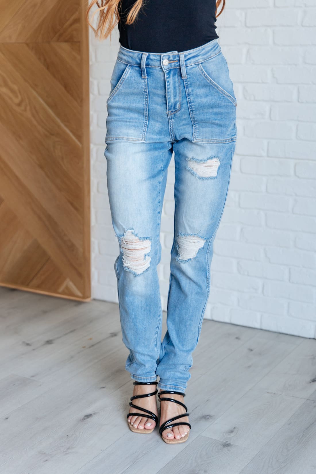 Aiden High Rise Patch Pocket Distressed Boyfriend Jeans | Womens jeans