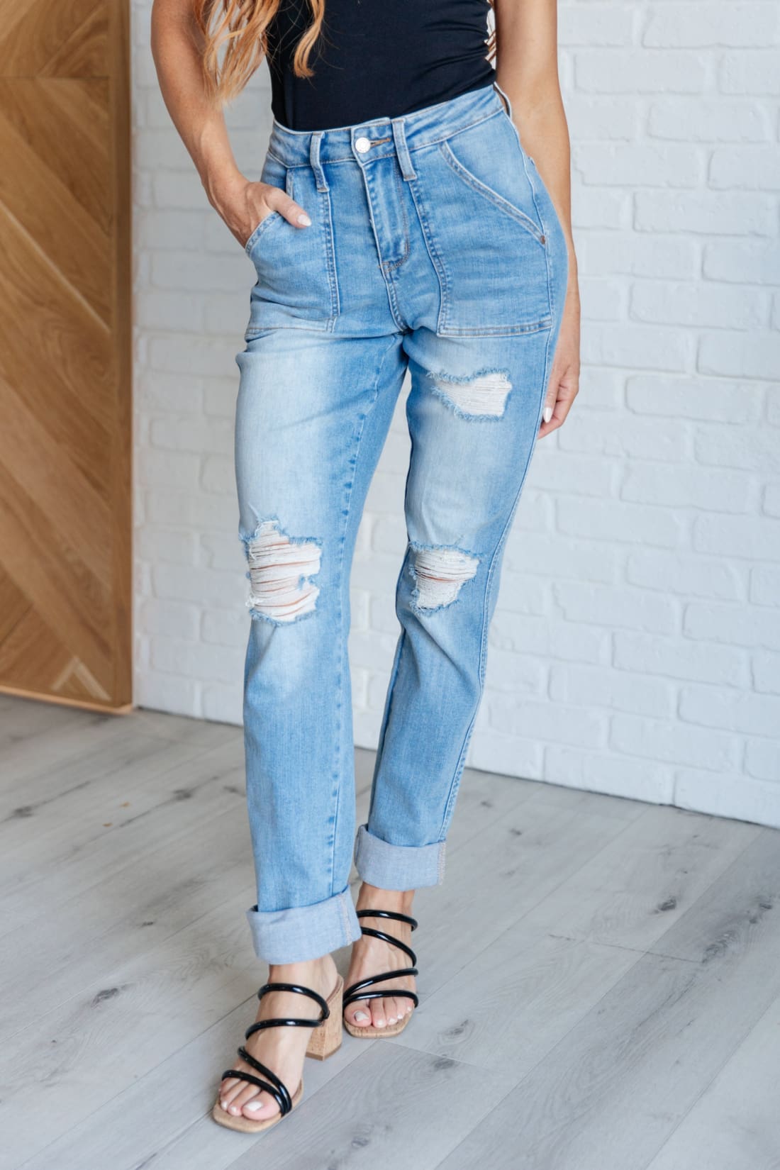 Aiden High Rise Patch Pocket Distressed Boyfriend Jeans | Womens jeans