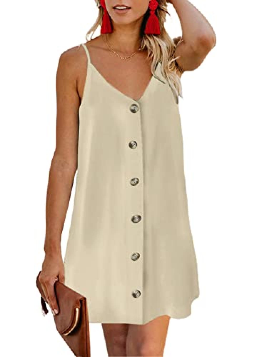 AlvaQ Casual Summer Women Ladies Spaghetti Strap Sleeveless Button Down V Neck A Line Swing Skater | Apparel