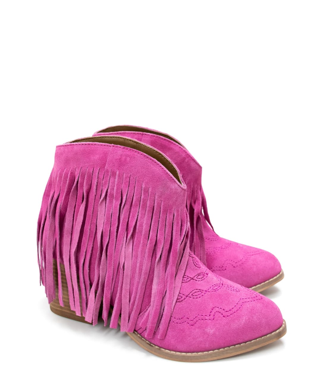 Genuine Suede Amos Fringe Ankle Bootie in Magenta | boots