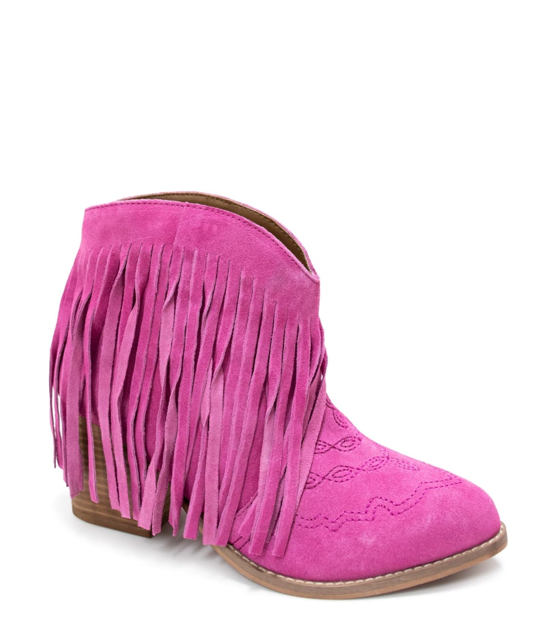 Genuine Suede Amos Fringe Ankle Bootie in Magenta | boots