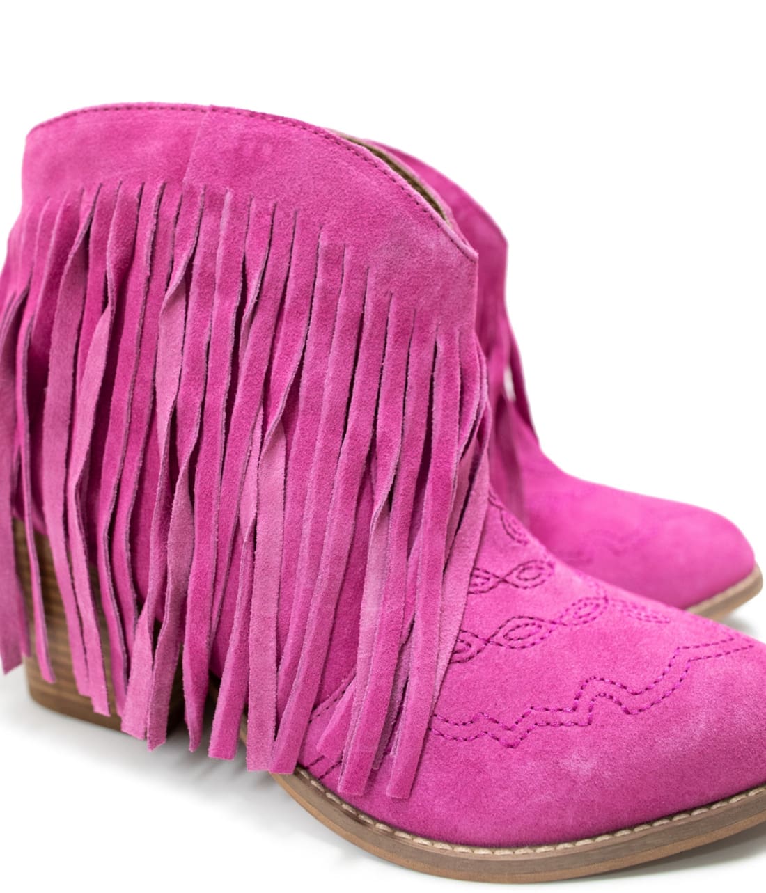 Genuine Suede Amos Fringe Ankle Bootie in Magenta | boots