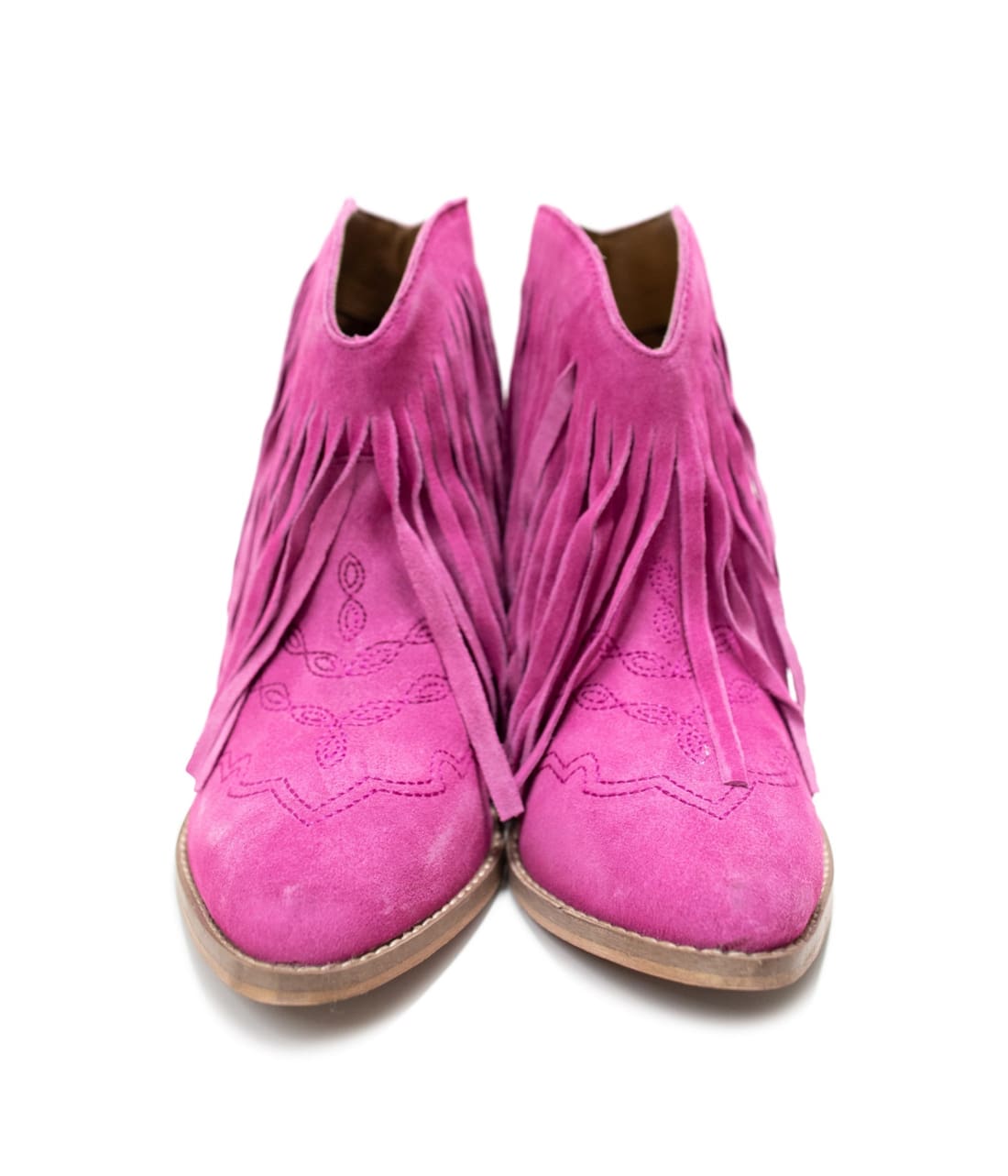 Genuine Suede Amos Fringe Ankle Bootie in Magenta | boots