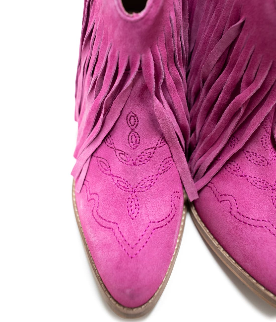 Genuine Suede Amos Fringe Ankle Bootie in Magenta | boots