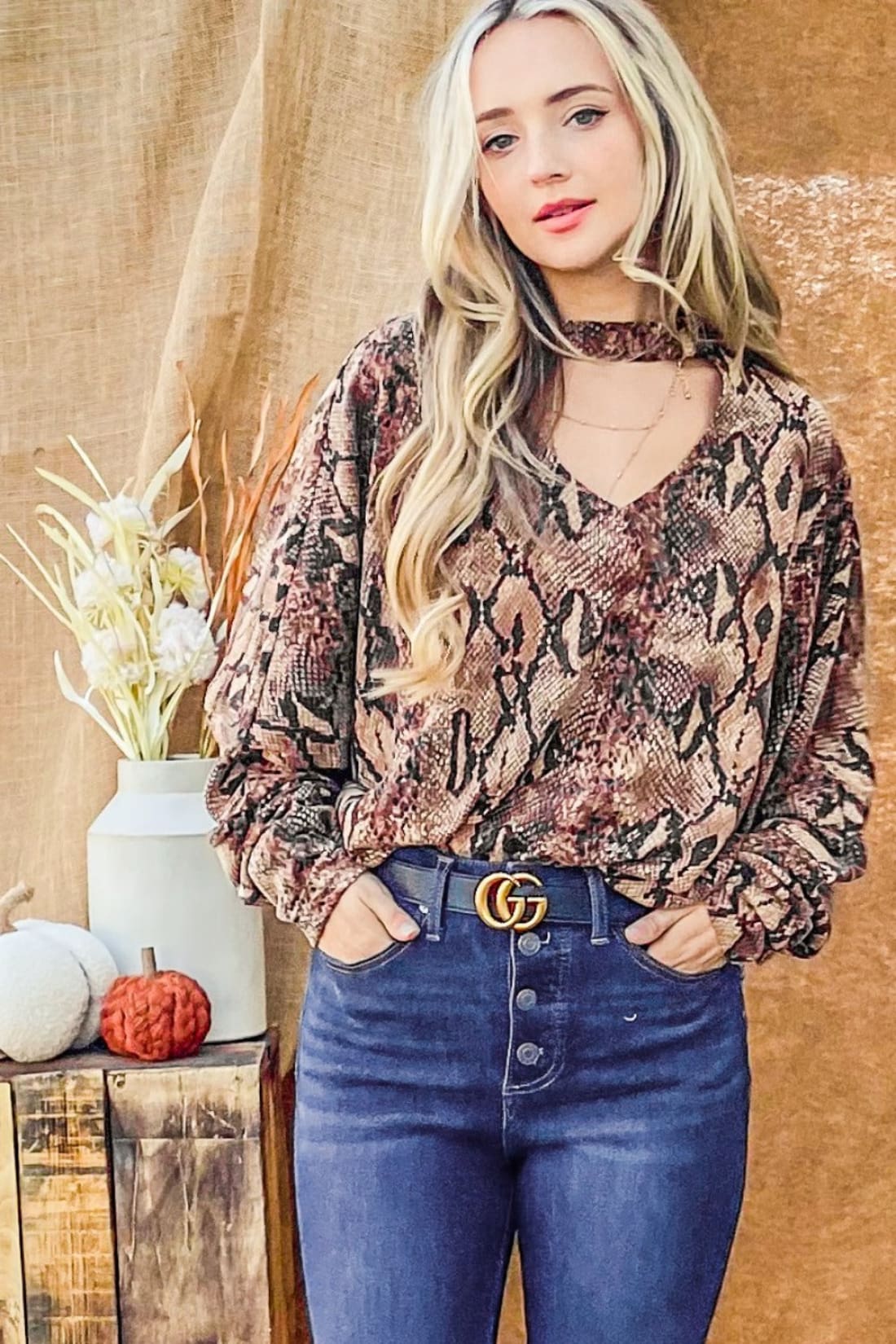 And The Why Choker Neck Dolman Sleeve Snake Print Top | Blouses & Shirts