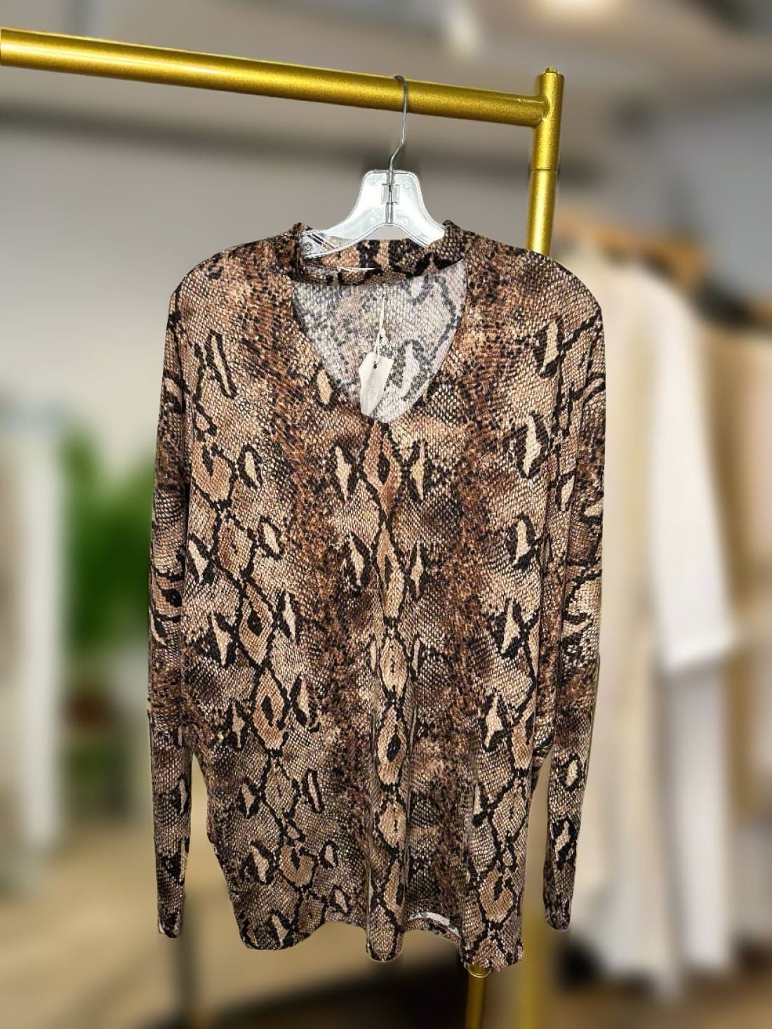 And The Why Choker Neck Dolman Sleeve Snake Print Top