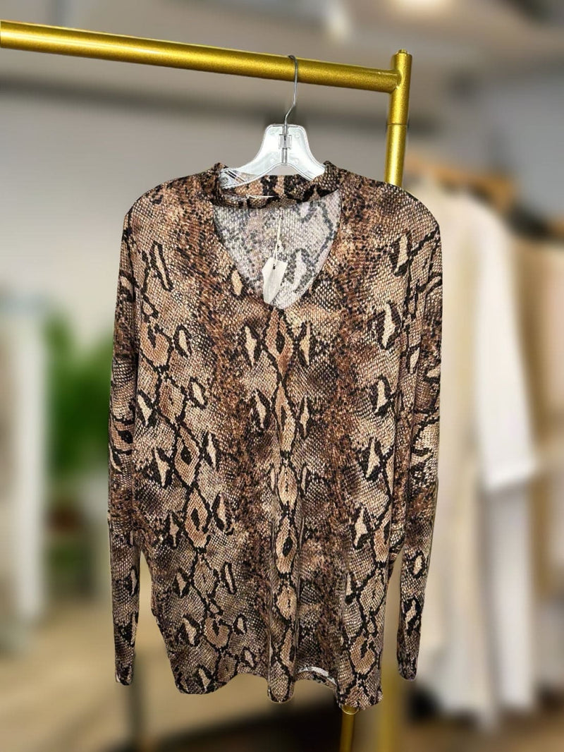 And The Why Choker Neck Dolman Sleeve Snake Print Top