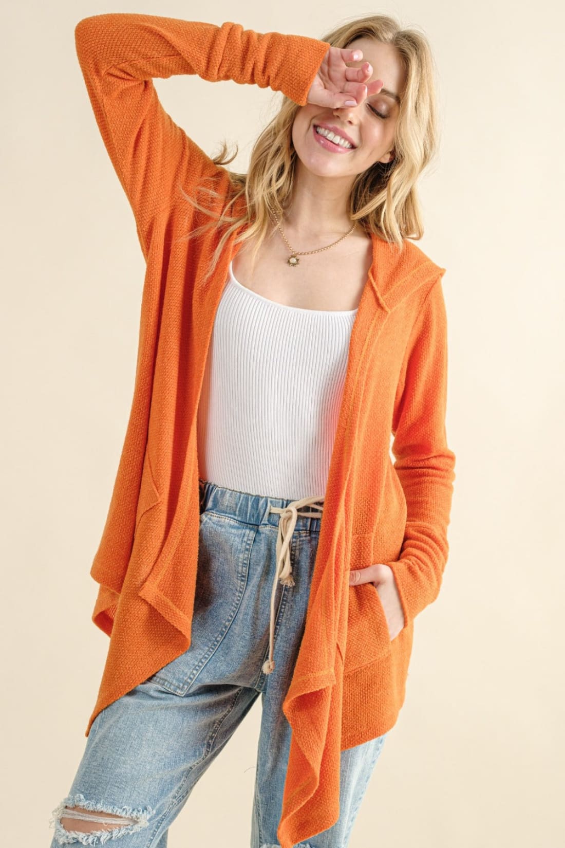 And The Why Full Size Thermal Hooded Open Front Cardigan with Pockets | Sweaters & Cardigans