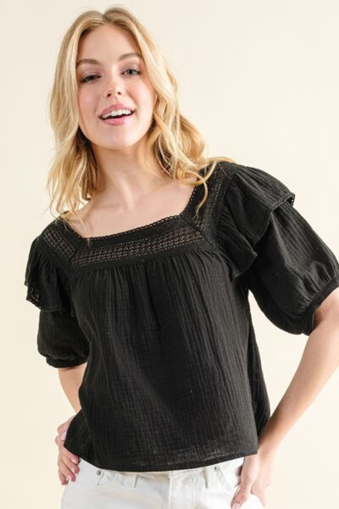 And The Why Square Neck Cotton Gauze Ruffled Blouse | Blouses & Shirts