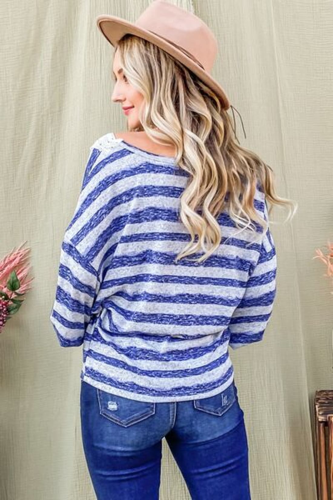 And The Why Striped Lace Detail V Neck Top | Long Sleeve Tops