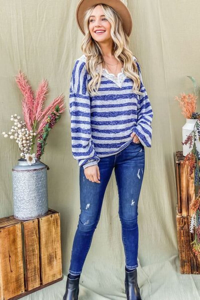 And The Why Striped Lace Detail V Neck Top | Long Sleeve Tops