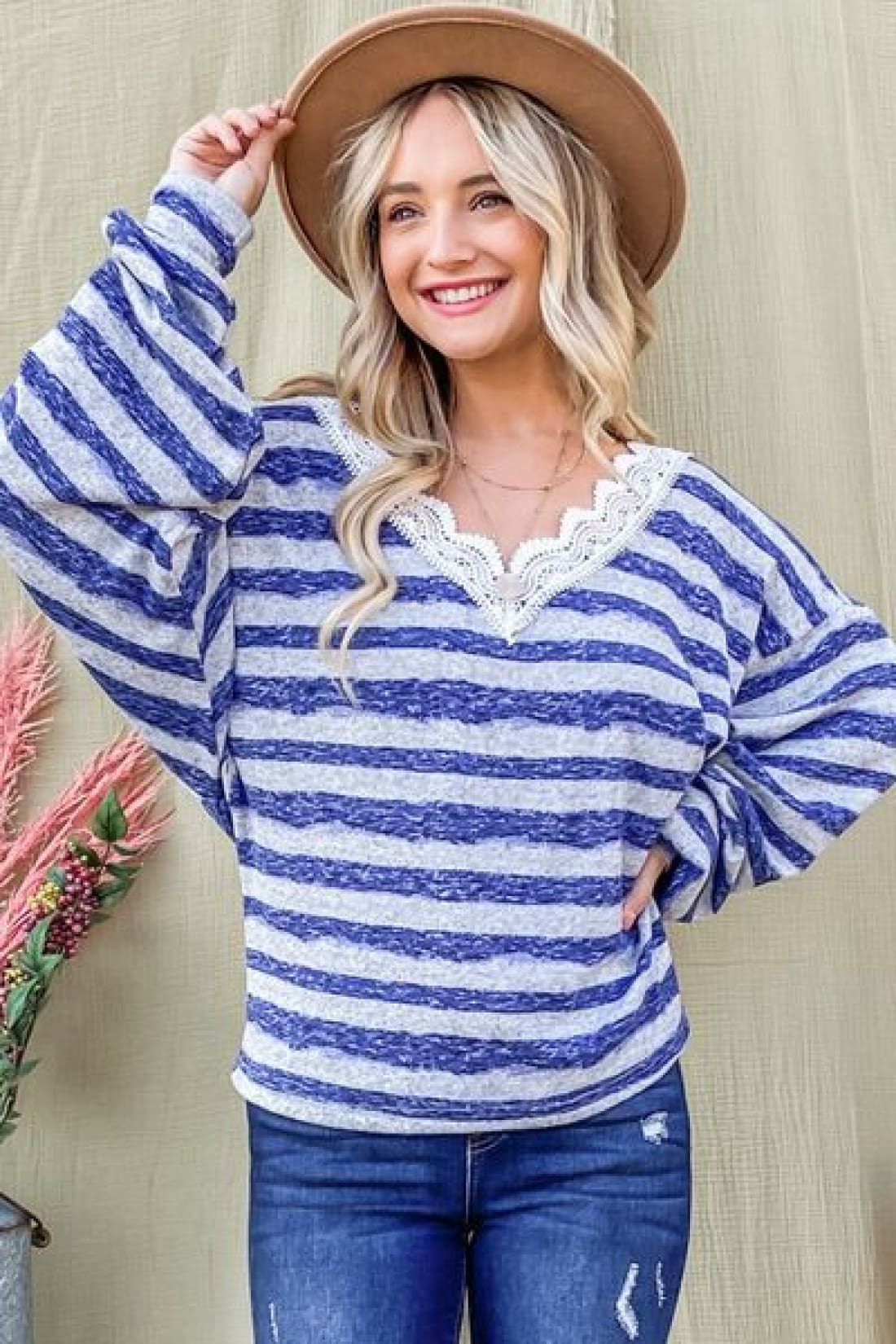 And The Why Striped Lace Detail V Neck Top | Long Sleeve Tops