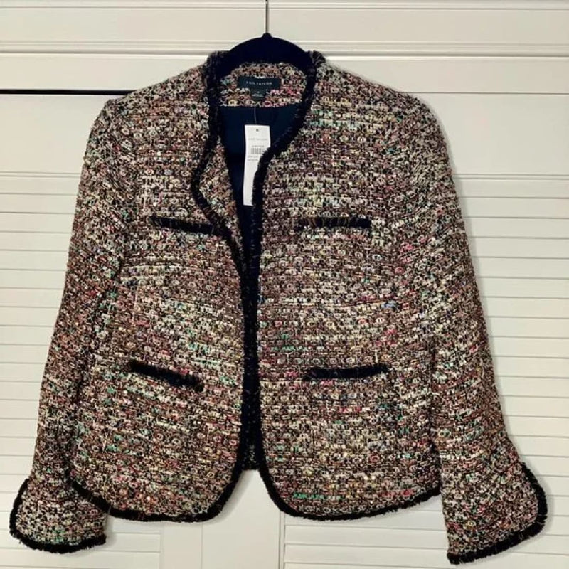 Ann Taylor Cropped Tweed Blazer Jacket Black Multicolor Fringe Trim Size 8 | Jackets & Coats