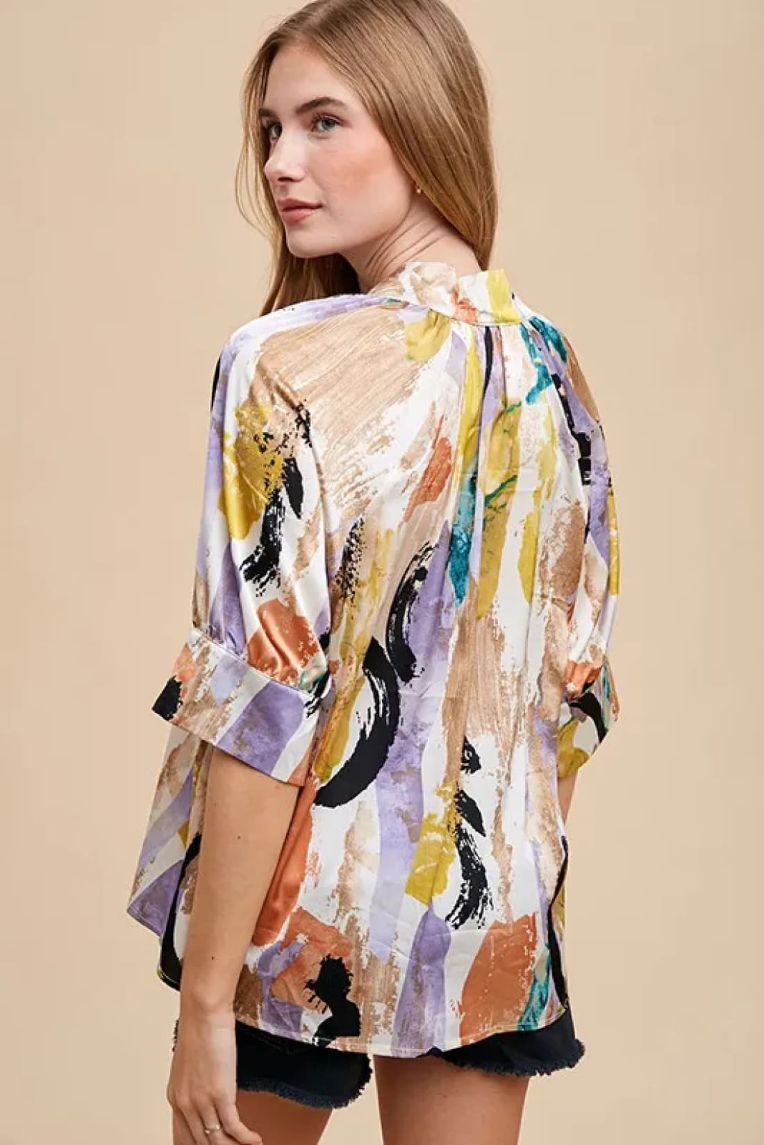 Annie Wear Multi Color Printed V Neck Open Woven Blouse Top