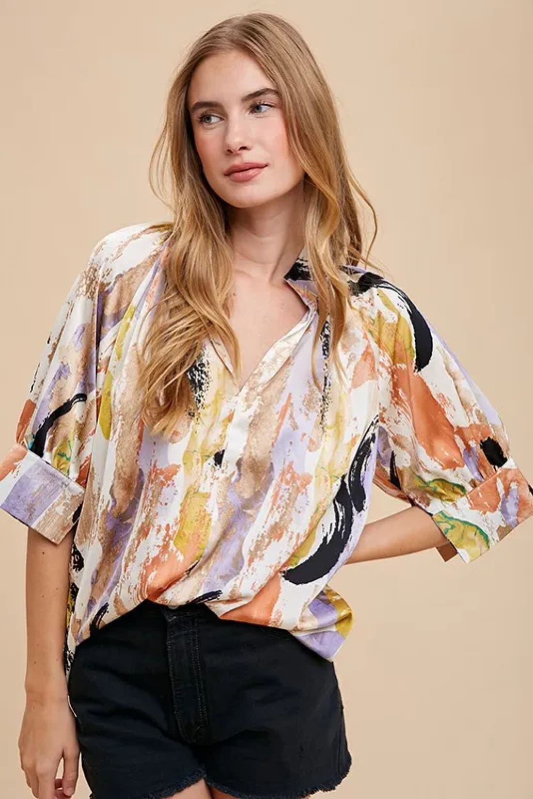 Annie Wear Multi Color Printed V Neck Open Woven Blouse Top