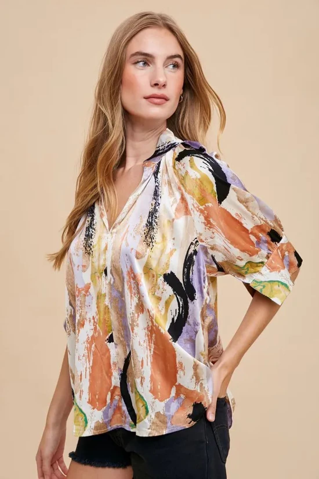 Annie Wear Multi Color Printed V Neck Open Woven Blouse Top