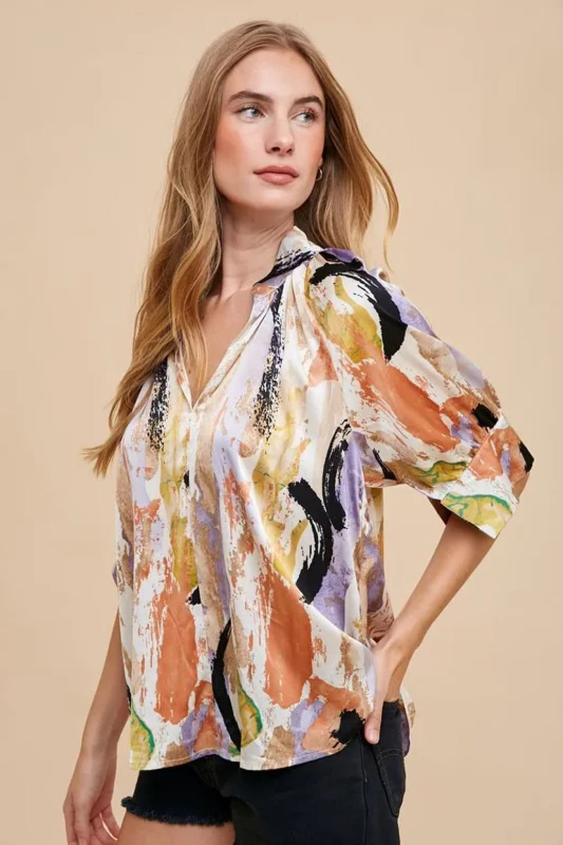 Annie Wear Multi Color Printed V Neck Open Woven Blouse Top