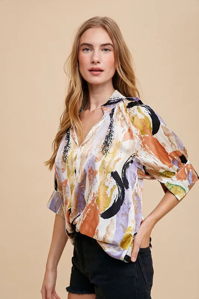 Annie Wear Multi Color Printed V Neck Open Woven Blouse Top