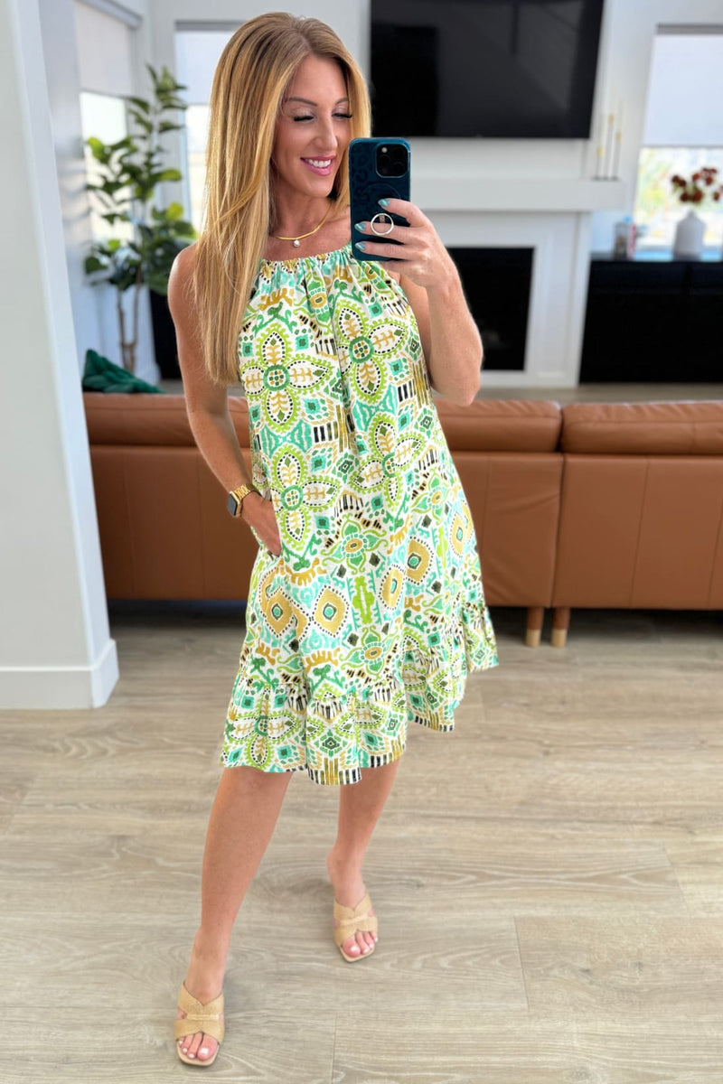 Spaghetti Strap Halter Floral Tank Dress in Lime