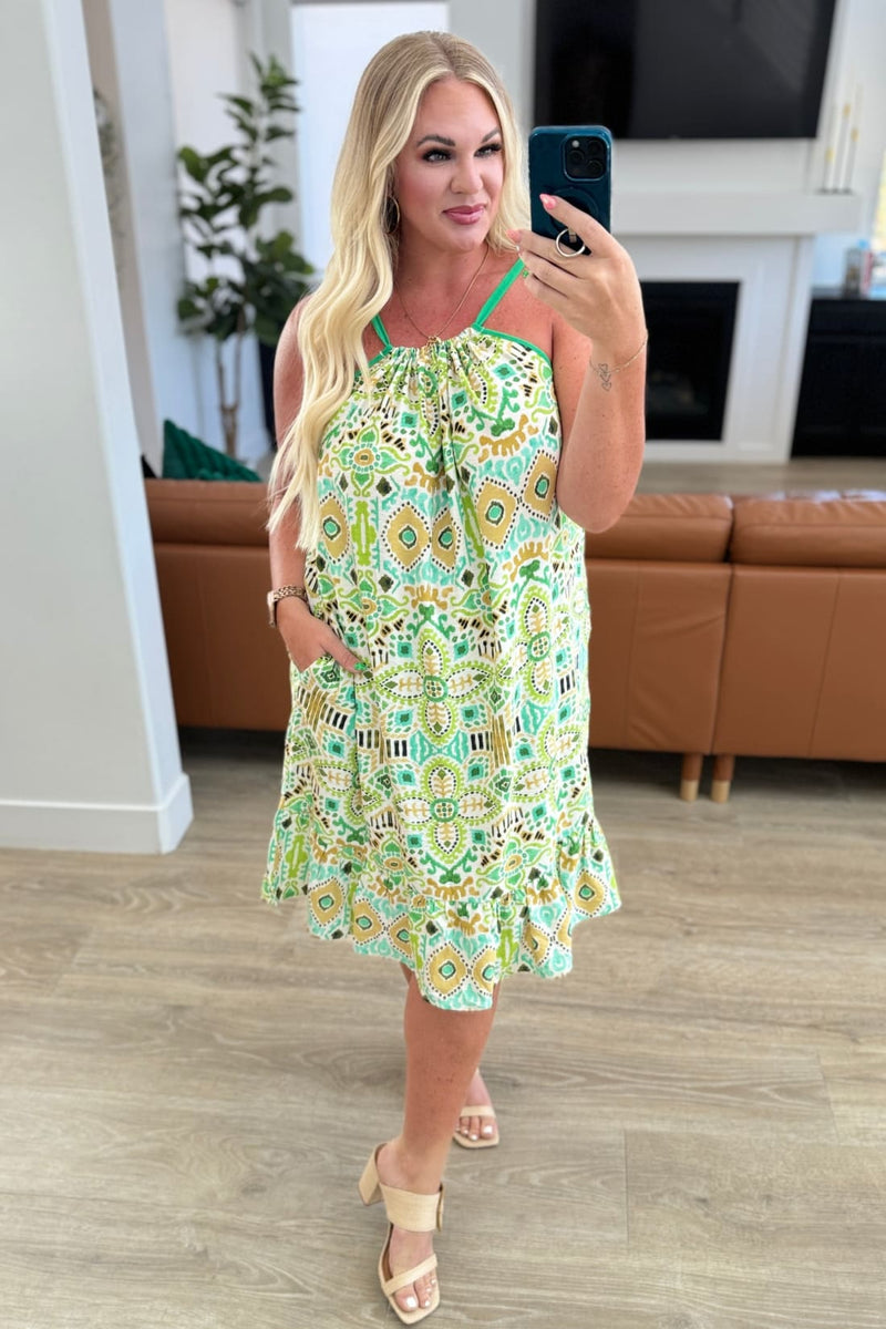 Spaghetti Strap Halter Floral Tank Dress in Lime