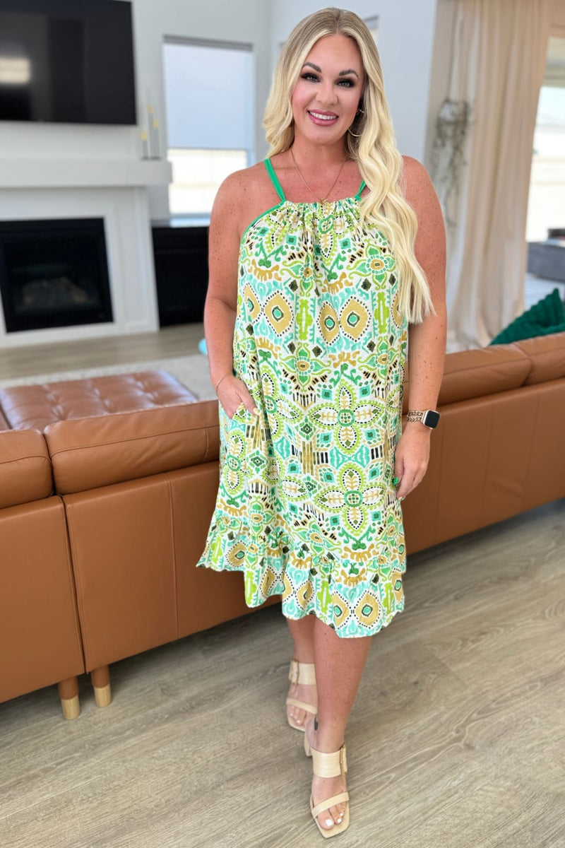 Spaghetti Strap Halter Floral Tank Dress in Lime