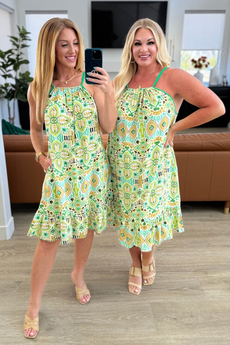Spaghetti Strap Halter Floral Tank Dress in Lime