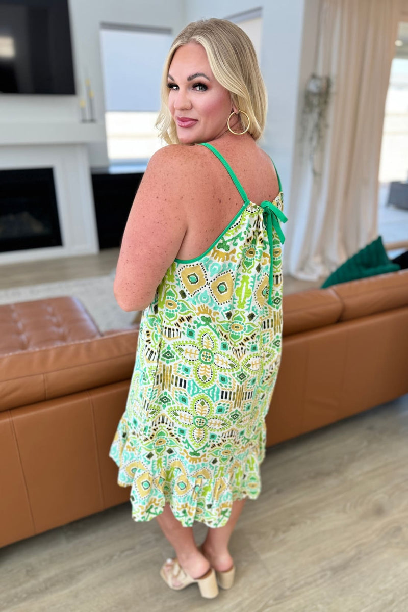 Spaghetti Strap Halter Floral Tank Dress in Lime