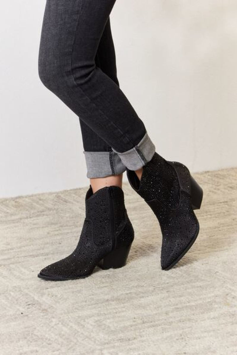 Avery Rhinestone Ankle Cowboy Boots in Black