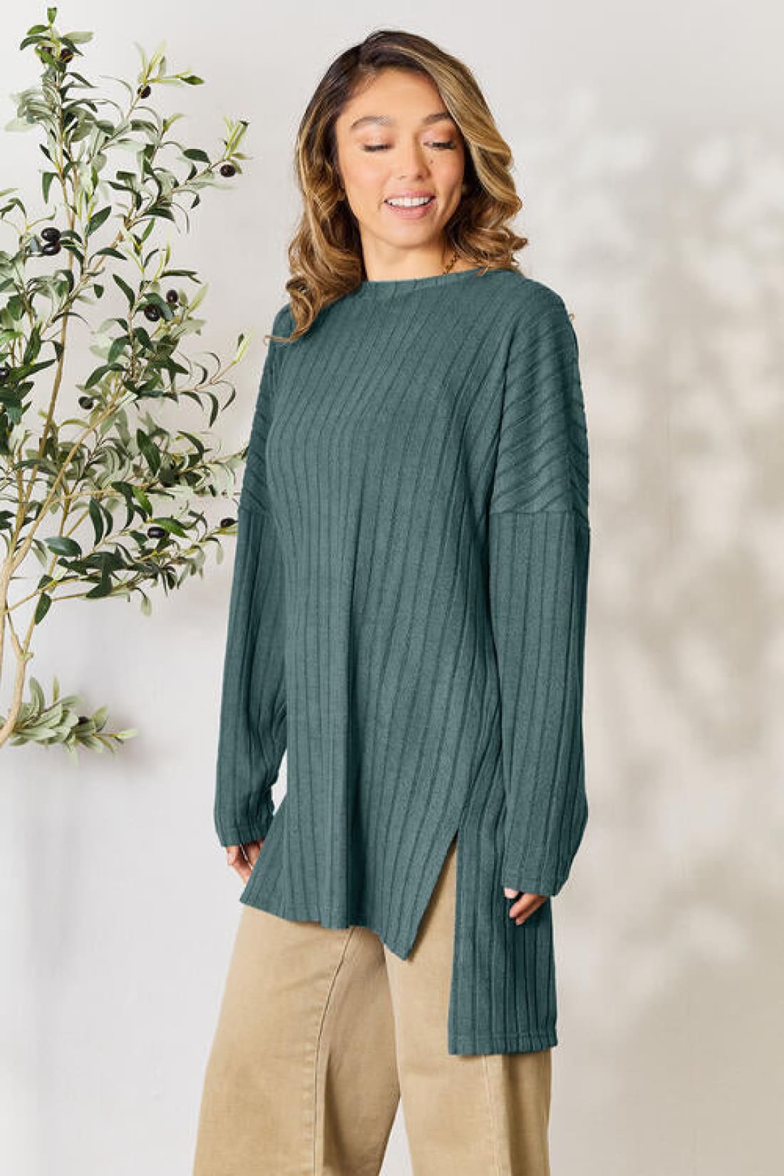 Basic Bae Full Size Ribbed Round Neck Long Sleeve Slit Top | Long Sleeve Tops