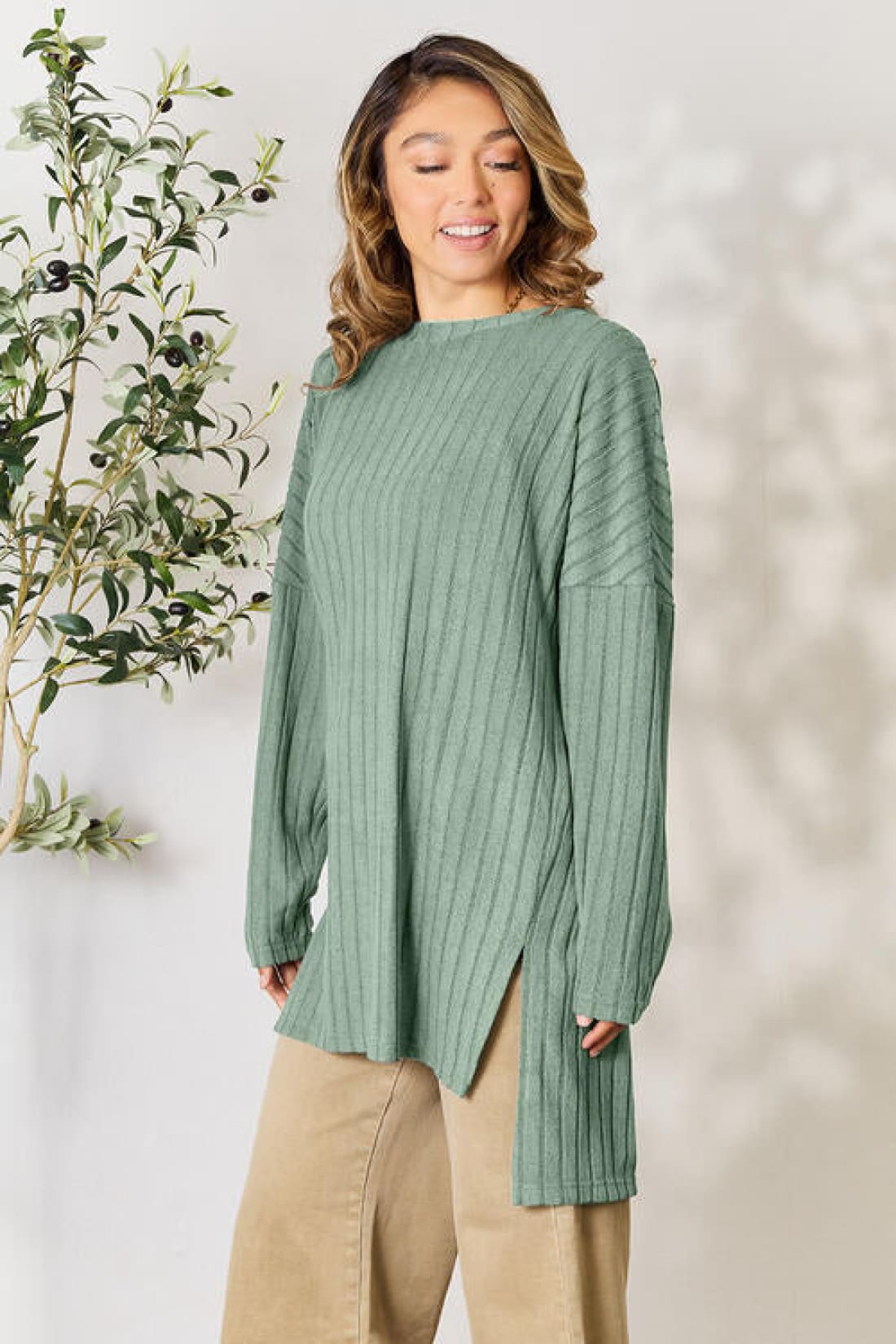 Basic Bae Full Size Ribbed Round Neck Long Sleeve Slit Top | Long Sleeve Tops