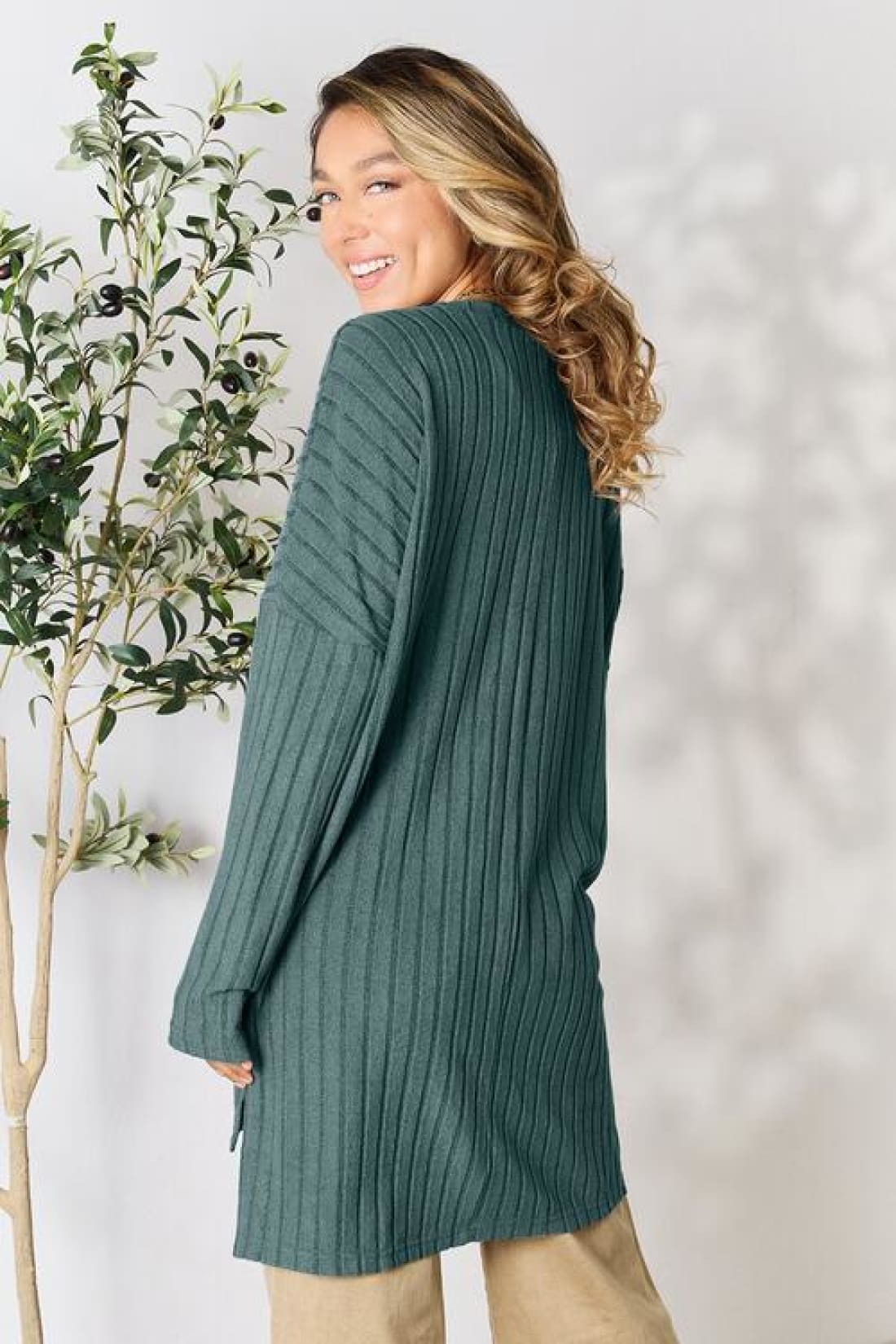 Basic Bae Full Size Ribbed Round Neck Long Sleeve Slit Top | Long Sleeve Tops