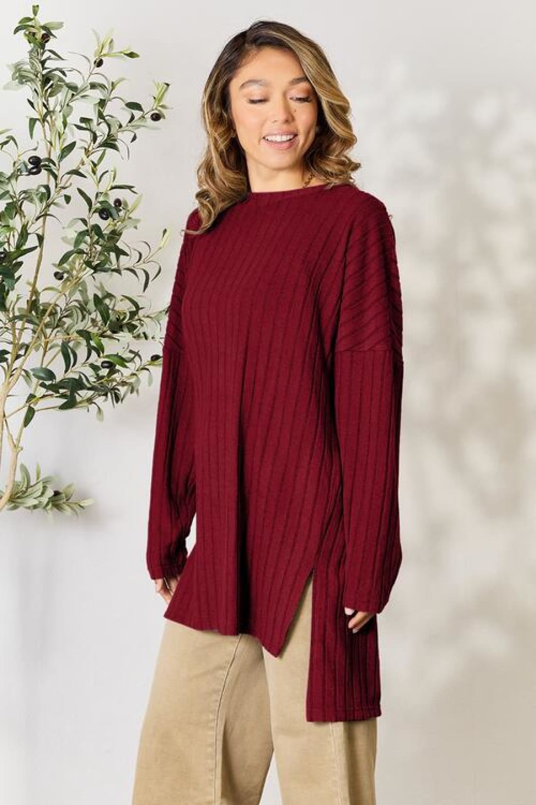 Basic Bae Full Size Ribbed Round Neck Long Sleeve Slit Top | Long Sleeve Tops