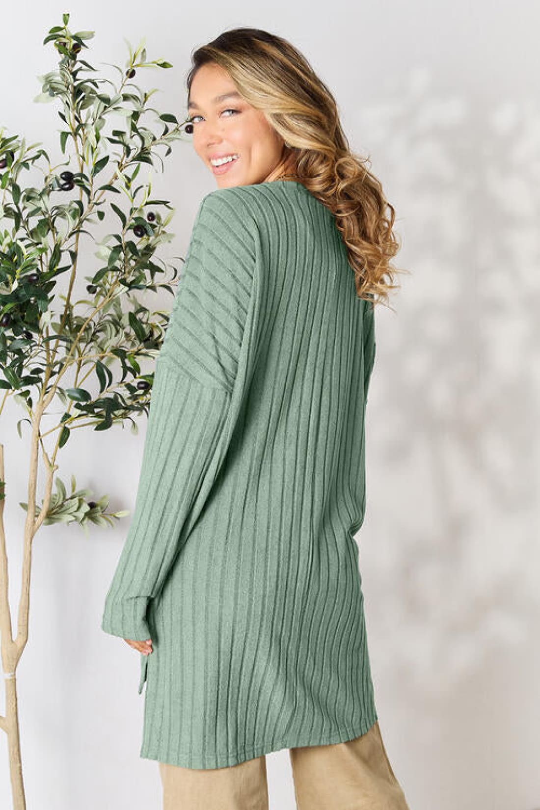 Basic Bae Full Size Ribbed Round Neck Long Sleeve Slit Top | Long Sleeve Tops