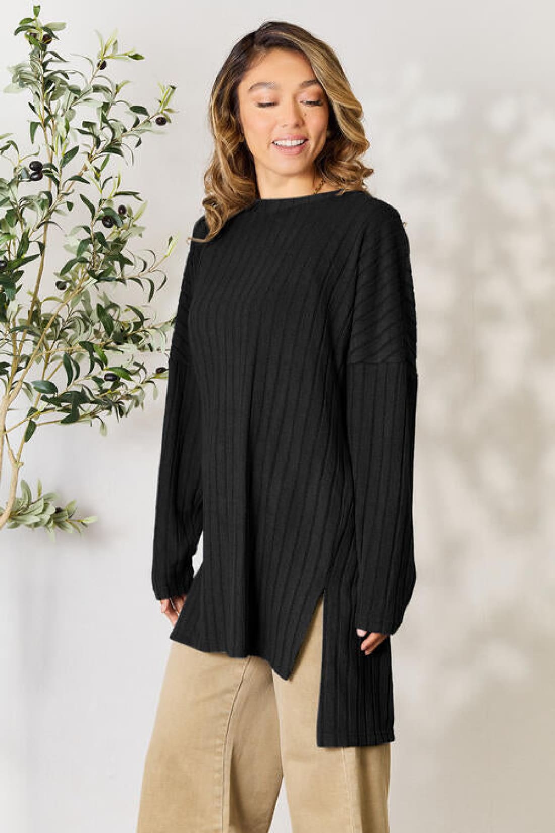 Basic Bae Full Size Ribbed Round Neck Long Sleeve Slit Top | Long Sleeve Tops