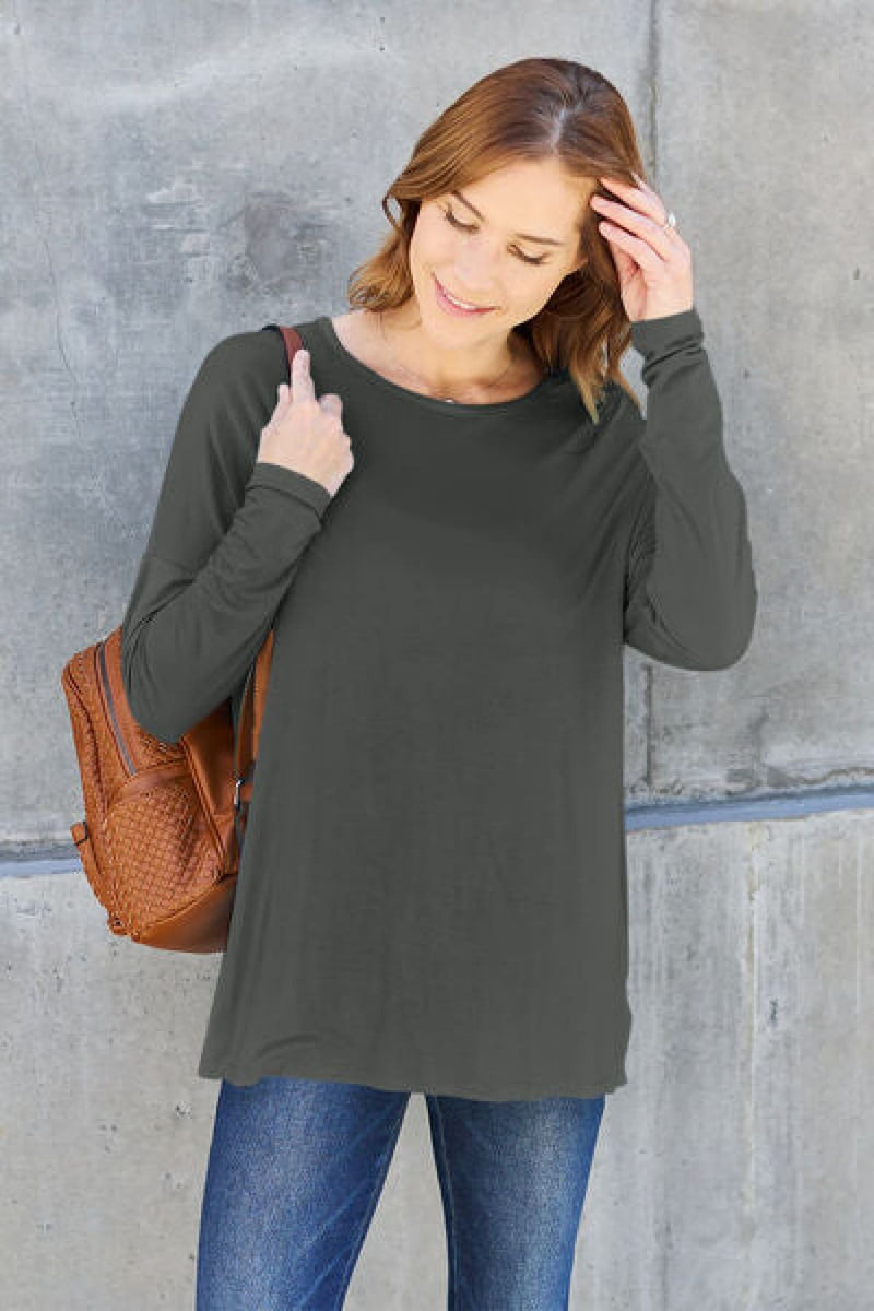 Basic Bae Full Size Round Neck Dropped Shoulder T - Shirt | Long Sleeve Tops