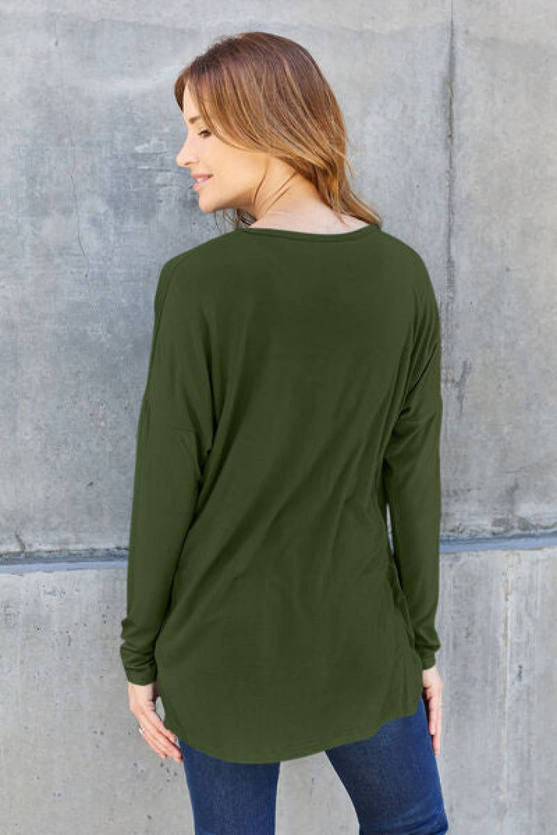 Basic Bae Full Size Round Neck Dropped Shoulder T - Shirt | Long Sleeve Tops