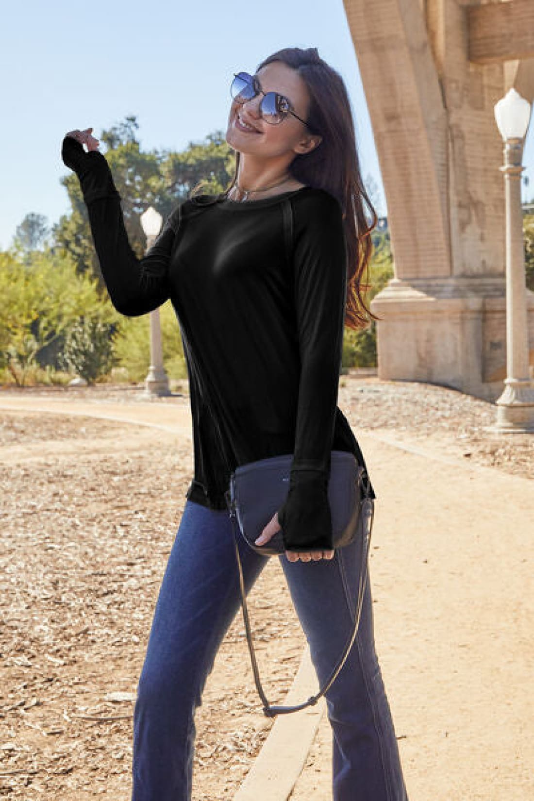 Round Neck Thumbhole Long Sleeve T-Shirt | Long Sleeve Tops