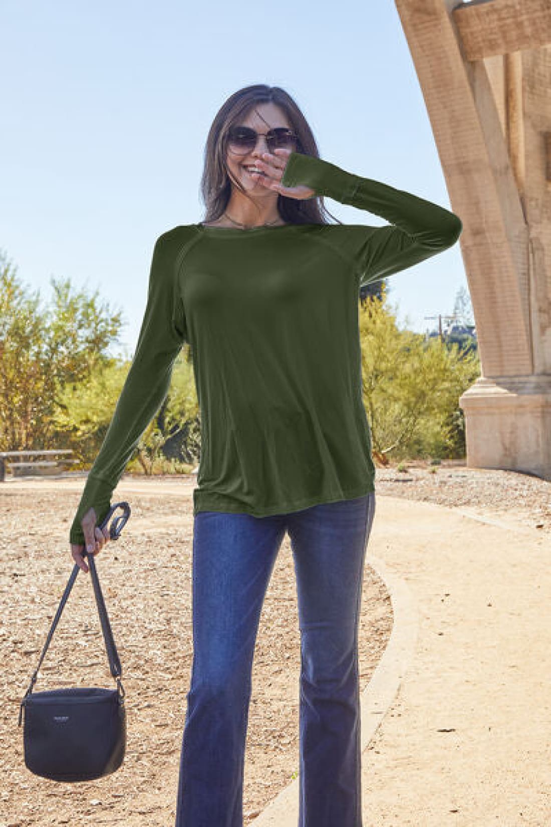 Round Neck Thumbhole Long Sleeve T-Shirt | Long Sleeve Tops