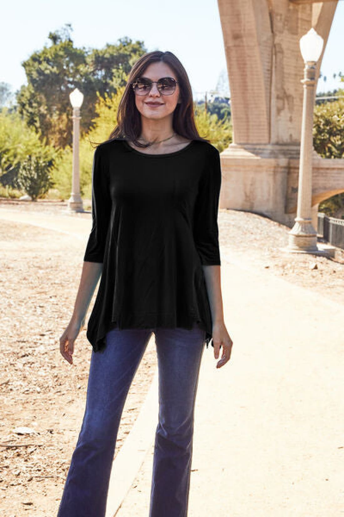 3/4 Sleeve Round Neck Pocketed Tunic Top