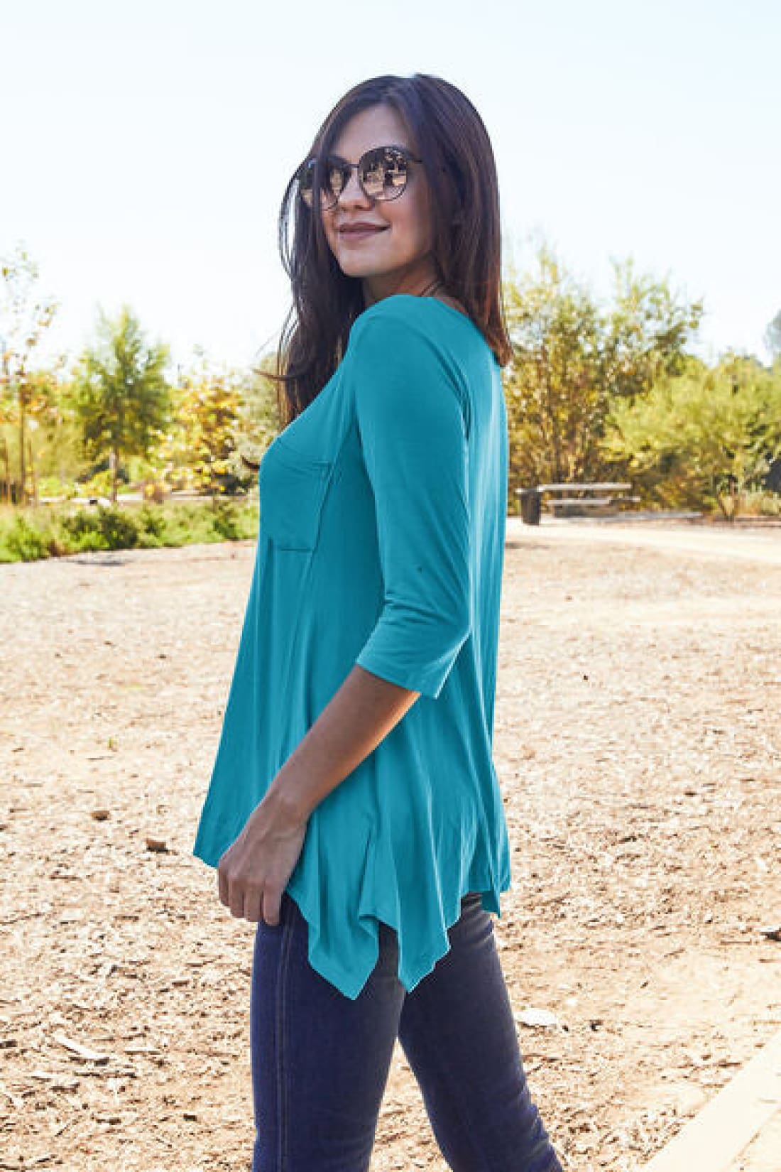 3/4 Sleeve Round Neck Pocketed Tunic Top