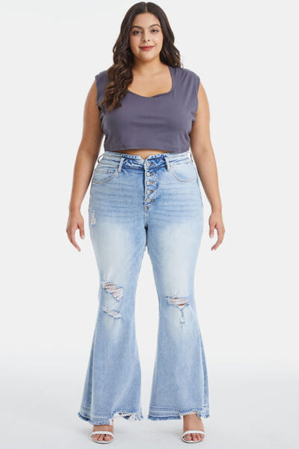 BAYEAS Full Size Distressed Raw Hem High Waist Flare Jeans | Women’s