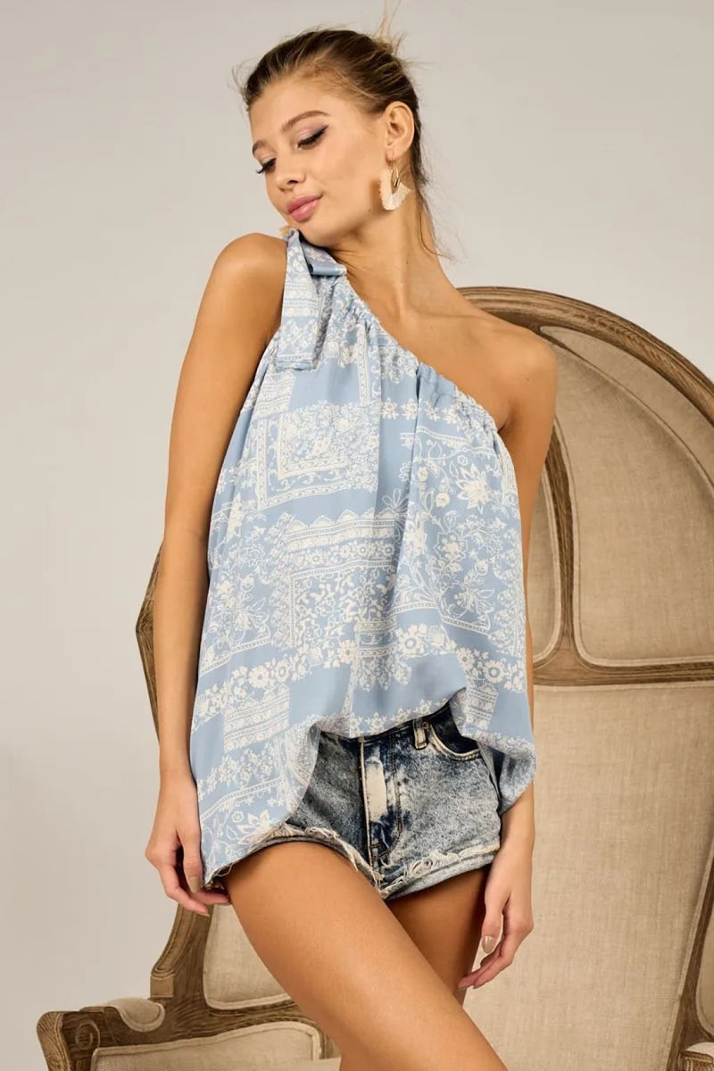 BiBi Aztec Printed Woven Tied Ribbon One Shoulder Top